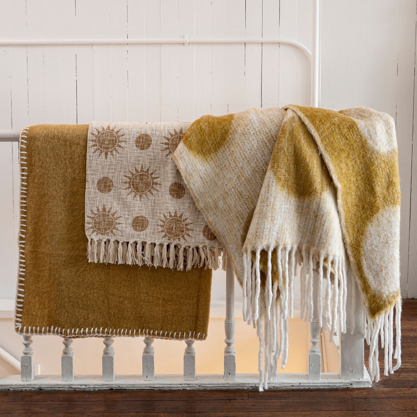 Blanket Stitch Mohair Throw Ochre