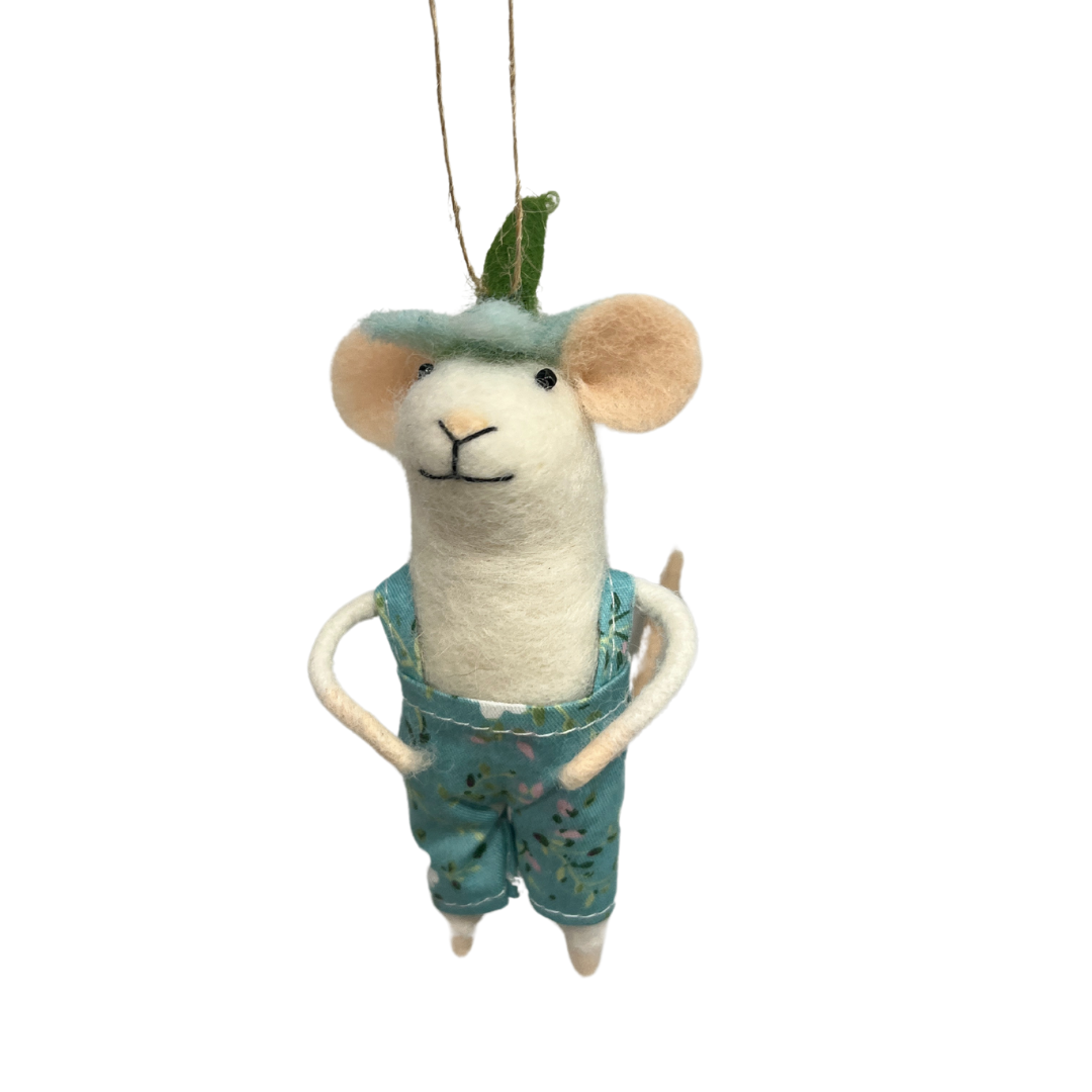 F84 - Felt Mouse Ornament In Spring Floral Print Overalls And Floral Hat