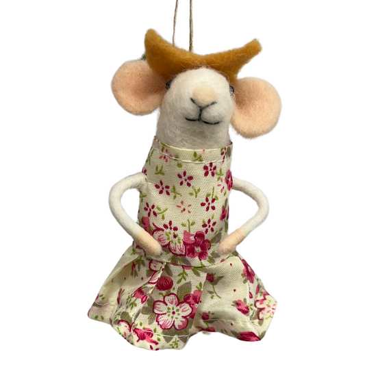 F79 - Felt Mouse Ornament In Spring Floral Print Dress And Floral Hat