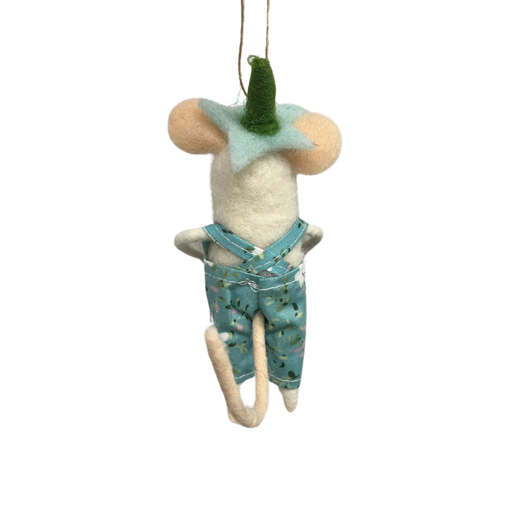 F84 - Felt Mouse Ornament In Spring Floral Print Overalls And Floral Hat