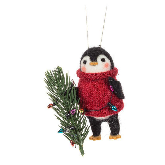 F104 - Penguin in Sweater w/Tree & Lights Ornament