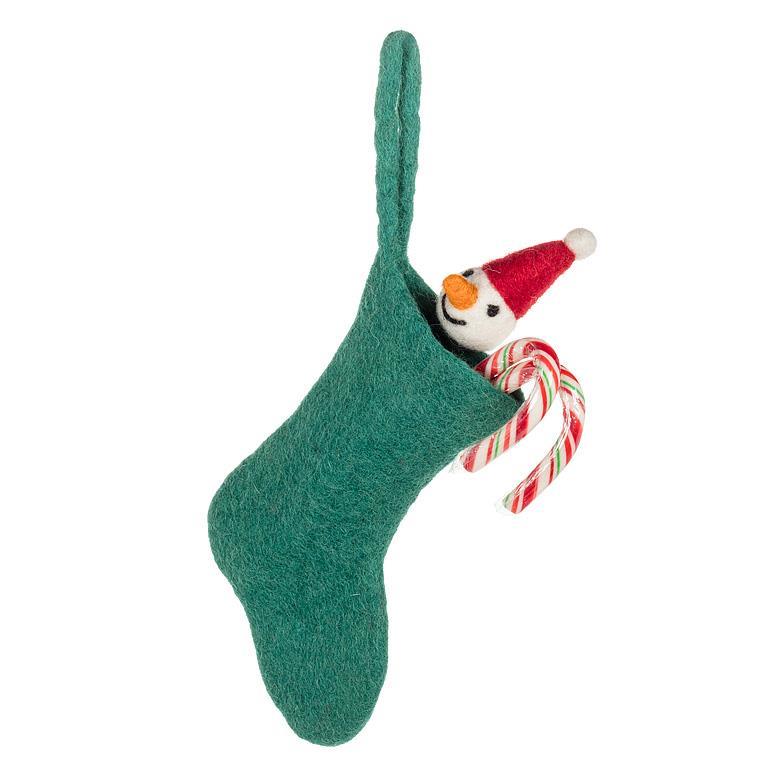 F117 - Mini Green Stocking w/Snowman Ornament