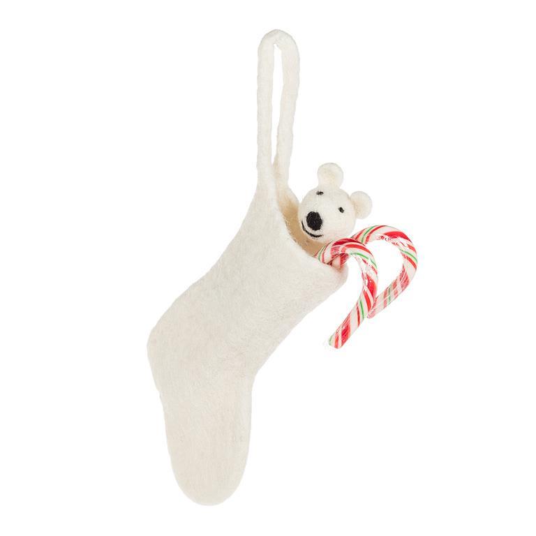 F118 - Mini White Stocking w/Polar Bear Ornament