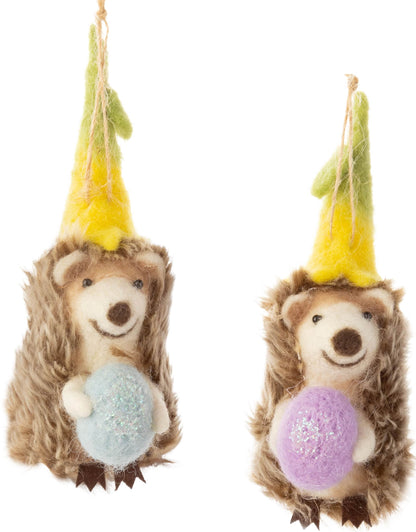 Felt Hedgehog Ornament With Floral Hats And Egg Trim