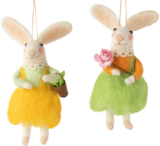 F80 - Felt Bunny Ornament With Flossy Wool Skirts