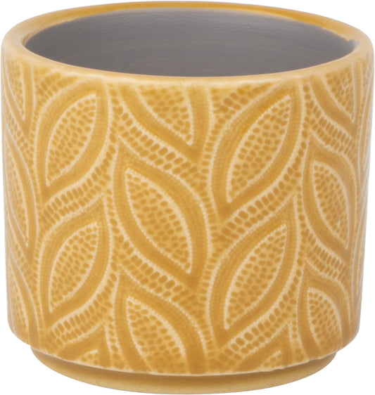 Leaf Pattern Ceramic Pot Cover Deep Mustard Gold 3"