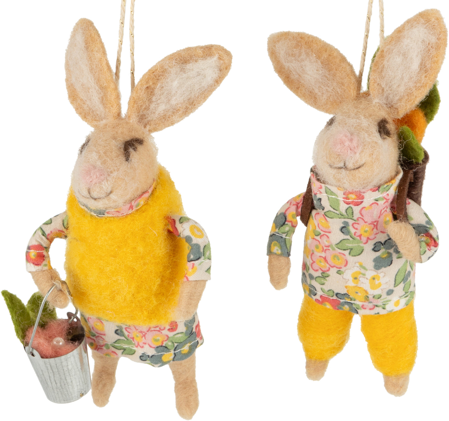 F94 - Felt Bunny Ornament, Yellow Vest Holding Silver Bucket And Yellow Pants With Backpack