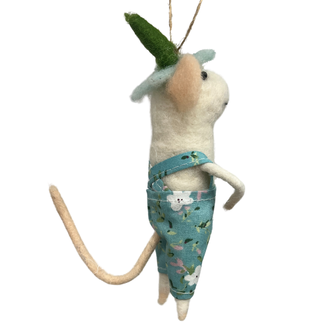 F84 - Felt Mouse Ornament In Spring Floral Print Overalls And Floral Hat