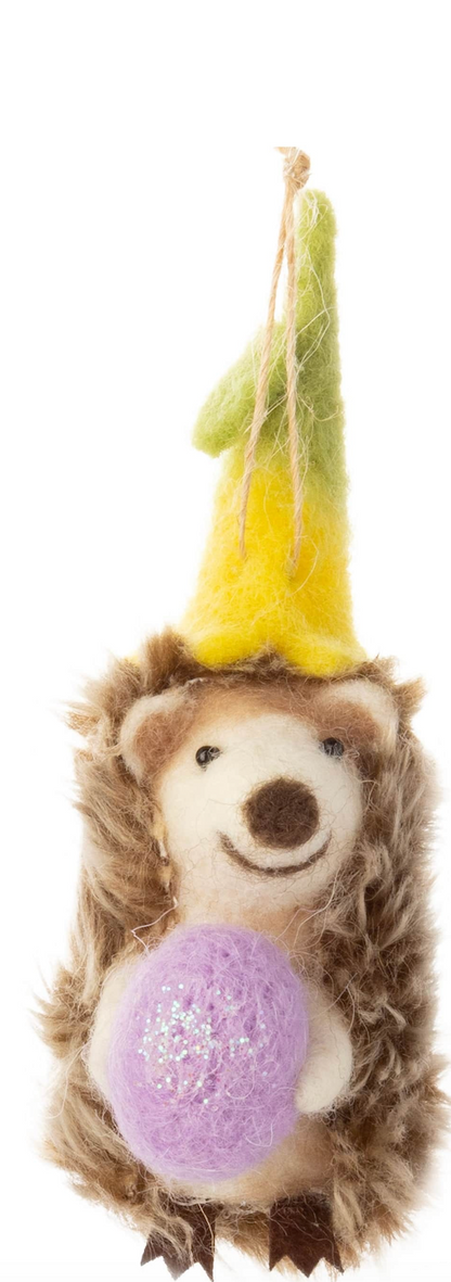 Felt Hedgehog Ornament With Floral Hats And Egg Trim