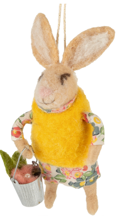 F94 - Felt Bunny Ornament, Yellow Vest Holding Silver Bucket And Yellow Pants With Backpack