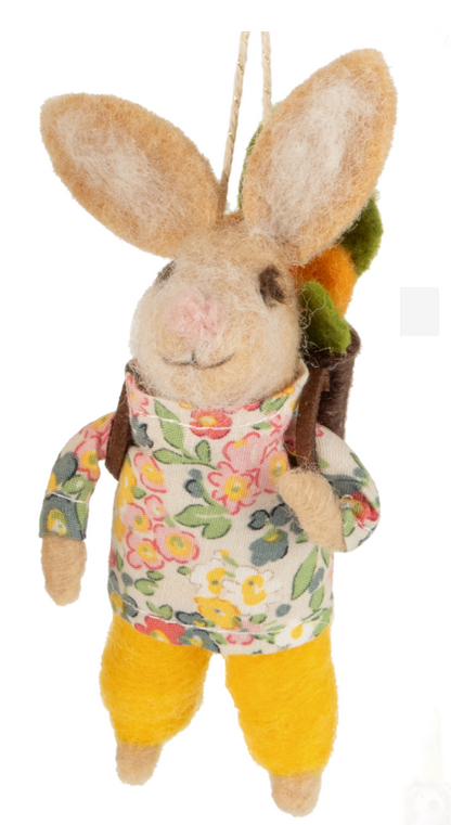 F94 - Felt Bunny Ornament, Yellow Vest Holding Silver Bucket And Yellow Pants With Backpack