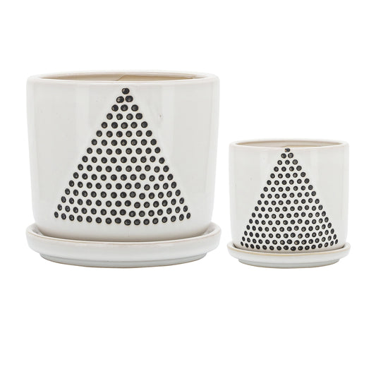 Triangle Dots Planter W/ Saucer, White