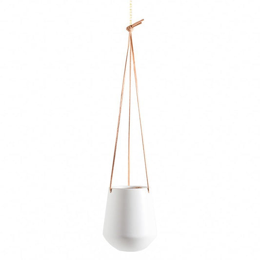 Ashbury Leather Hanging Large Ceramic Planter White