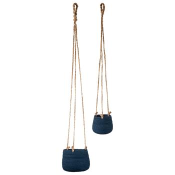 Hanging Woven Jute Basket Planter Navy Blue